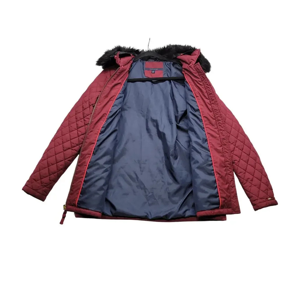 Tommy Hilfiger Womens Quilted Puffer Jacket Faux Fur Hood Burgundy Size S